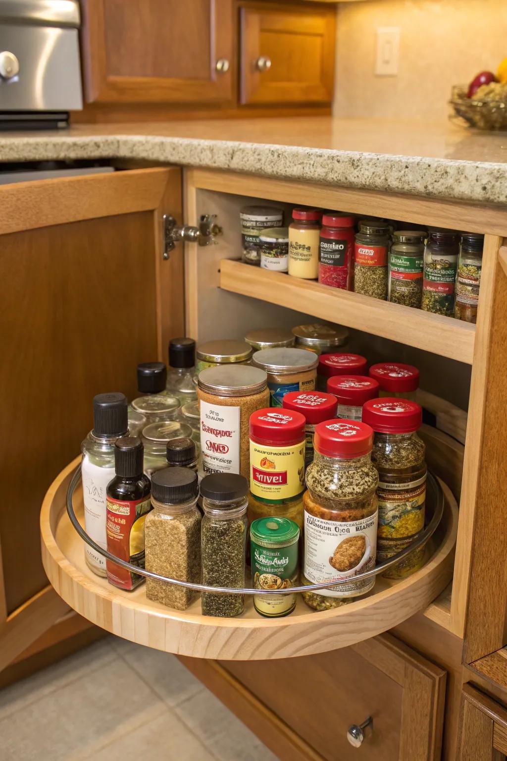 A Lazy Susan keeps spices organized and accessible.