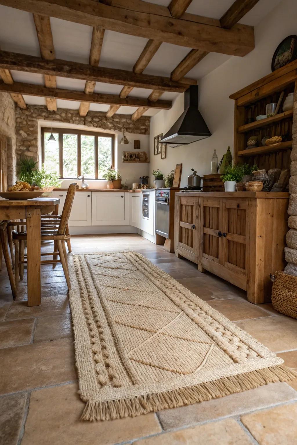 Rugs of natural fibers introduce texture and an earthy charm to kitchens.