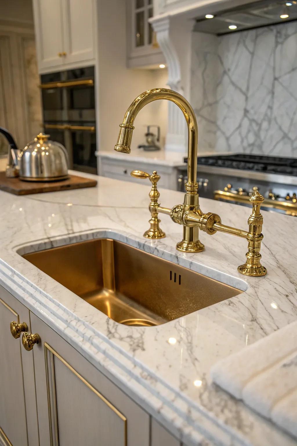 A luxurious kitchen sink adorned with elegant brass fixtures.