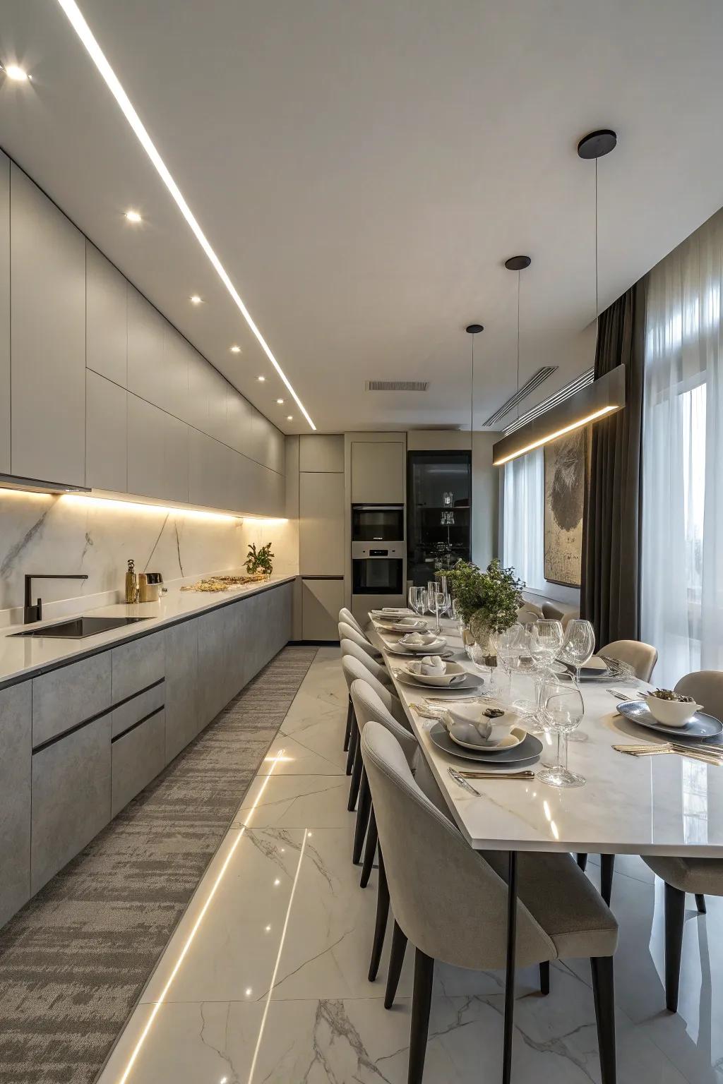 Linear lighting perfectly suits long kitchen tables.