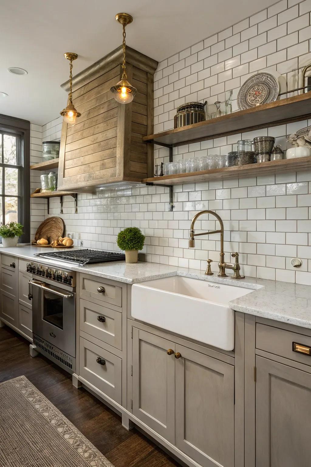 Traditional subway tiles converge with modern metal fixtures, creating a classic yet modern cooking area.