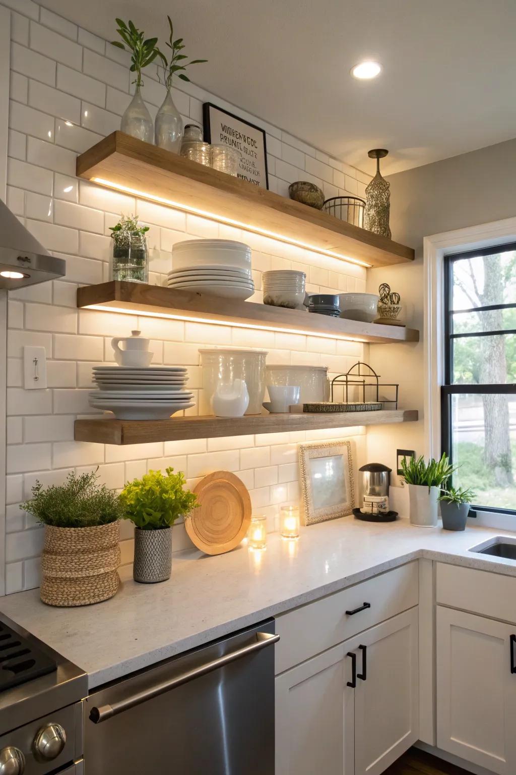 Built-in lighting transforms shelves into radiant displays.