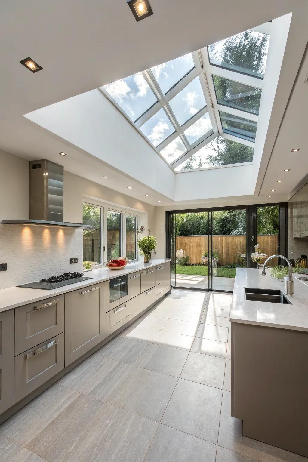 Atrium lights are thoughtfully positioned to enhance the functionality and appeal of the kitchen.