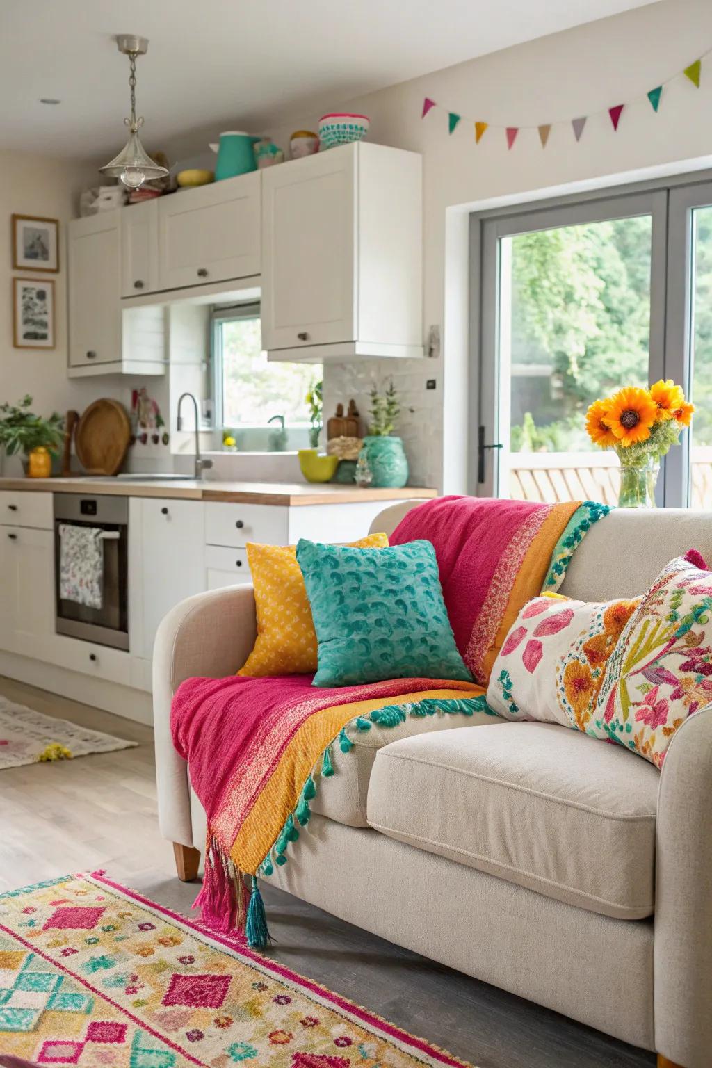 A kitchen sofa area adorned with vibrant cushions and throws, adding a splash of color.
