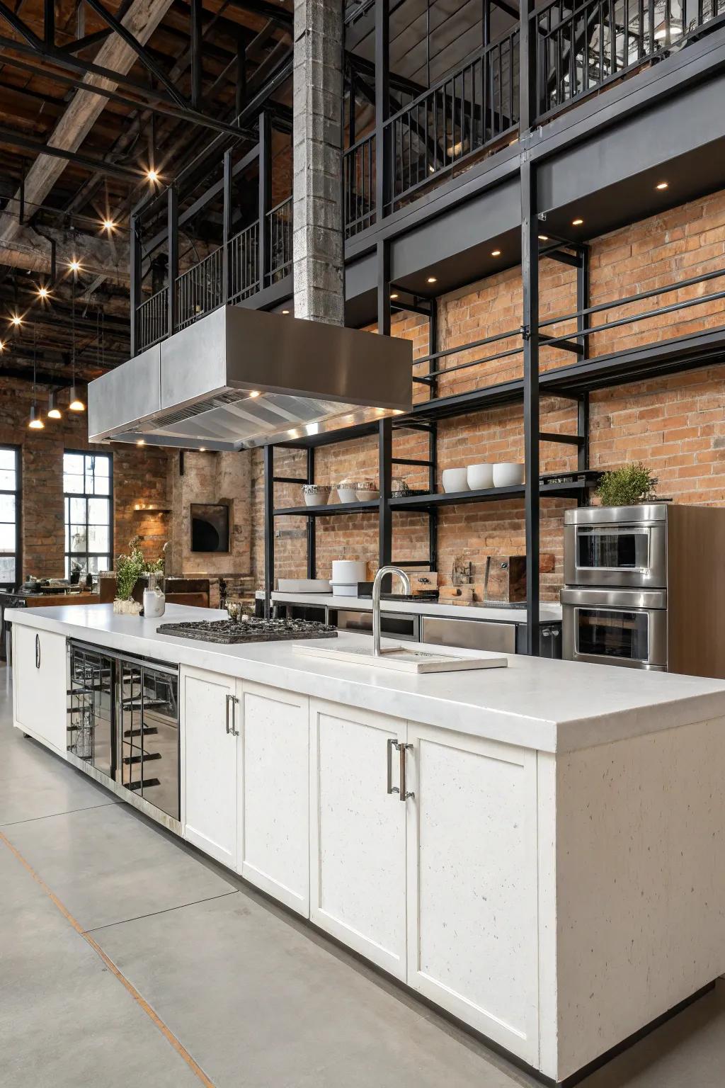 Concrete countertops in white bring an industrial chic vibe to this modern kitchen.