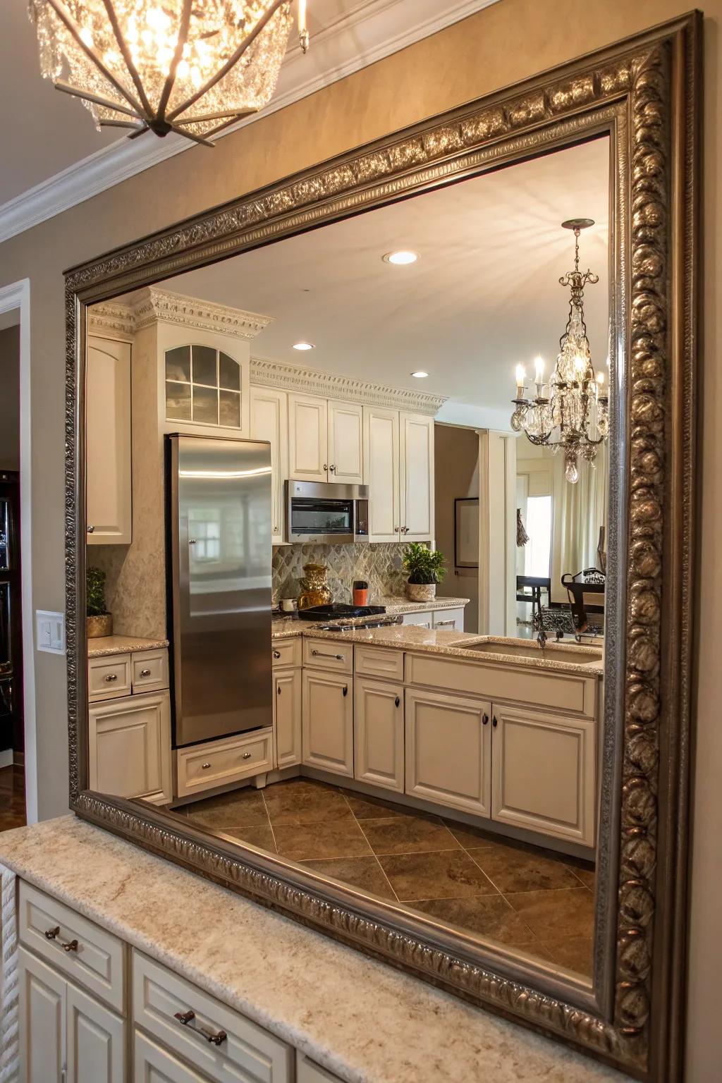 In a kitchen without windows, a mirror enhances depth and light.