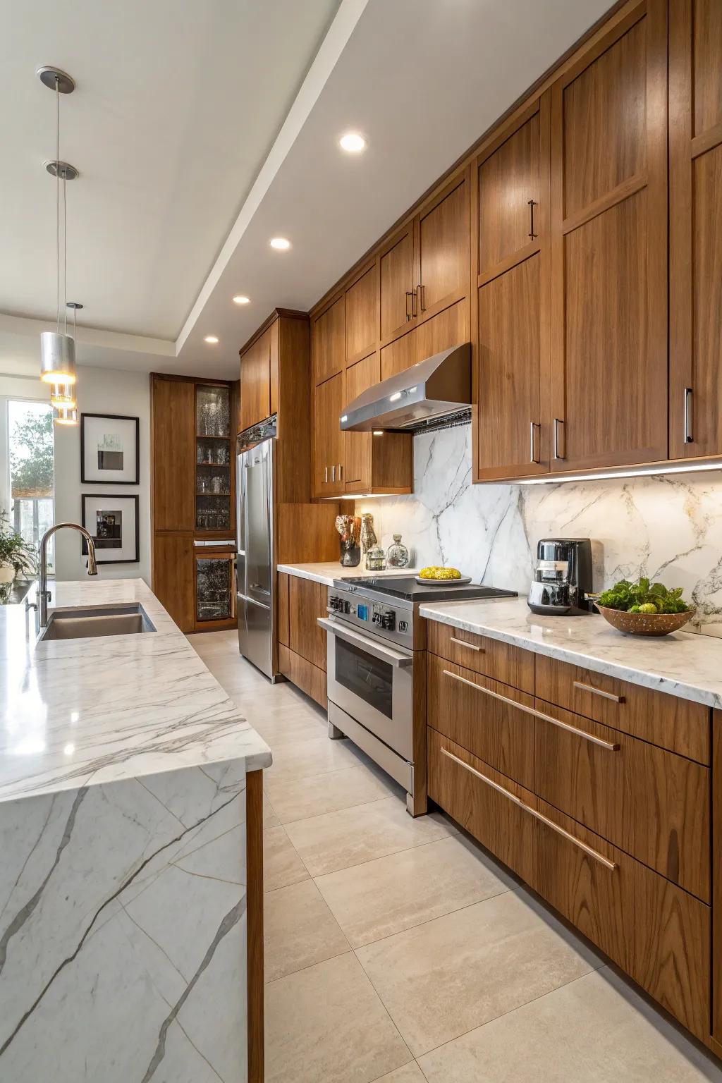 A balanced mix of materials that adds depth to the kitchen design.