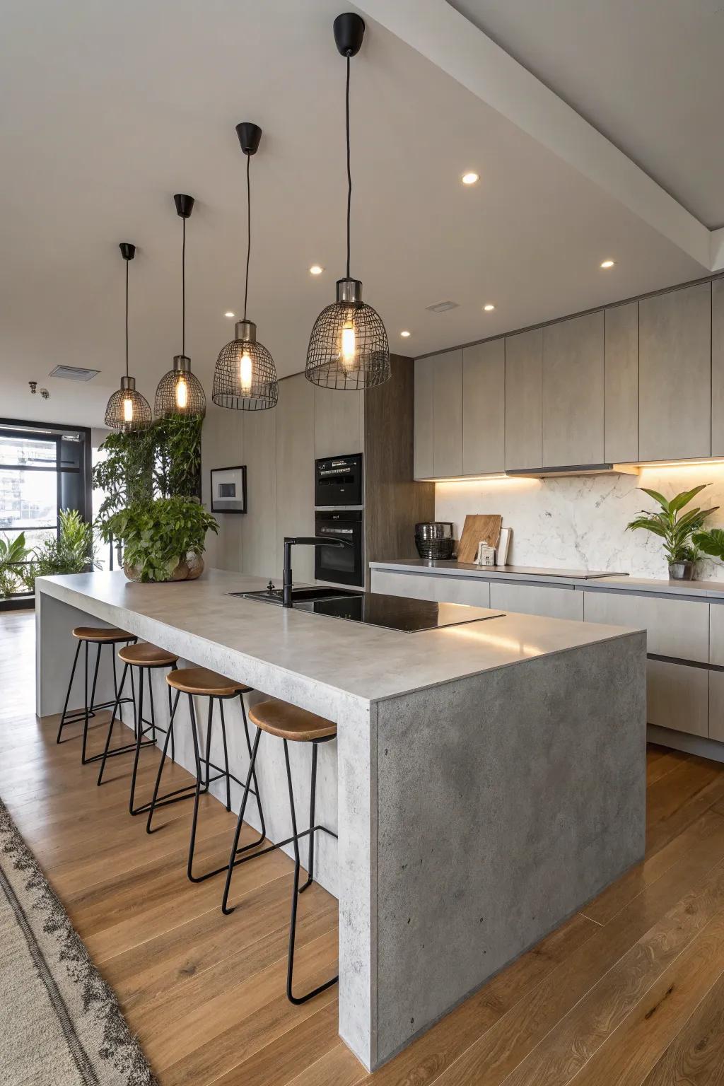 A kitchen illuminated by stylish pendant lights over concrete countertops.