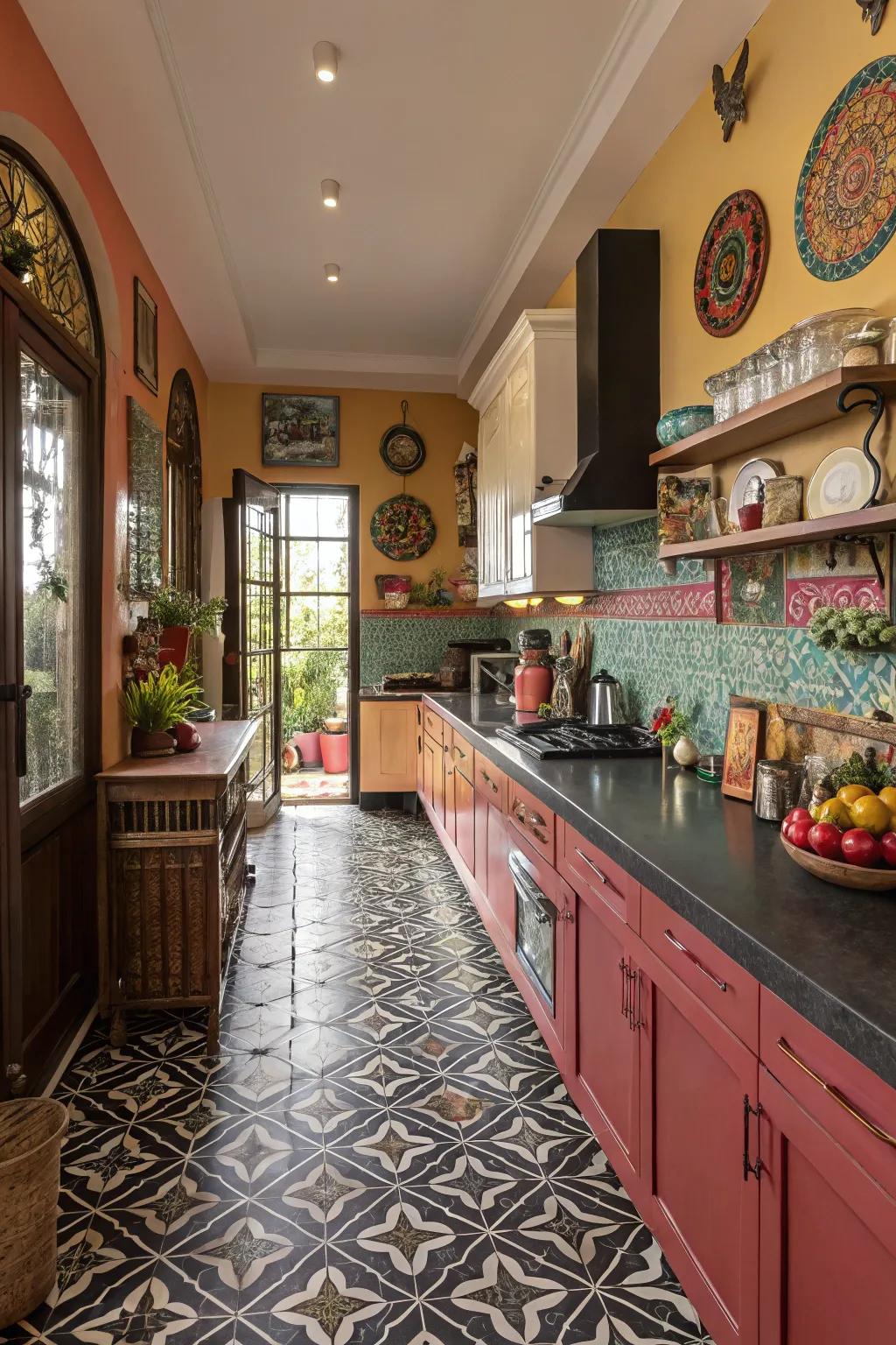 Patterned tile floors bring personality to this eclectic kitchen.