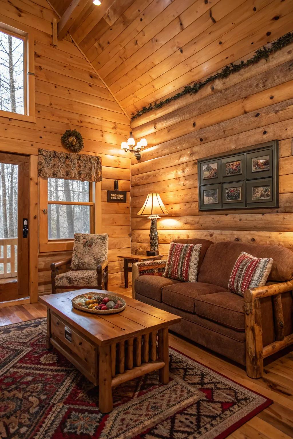 Earthy shade selection enhancing the warmth of knotty pine walls.