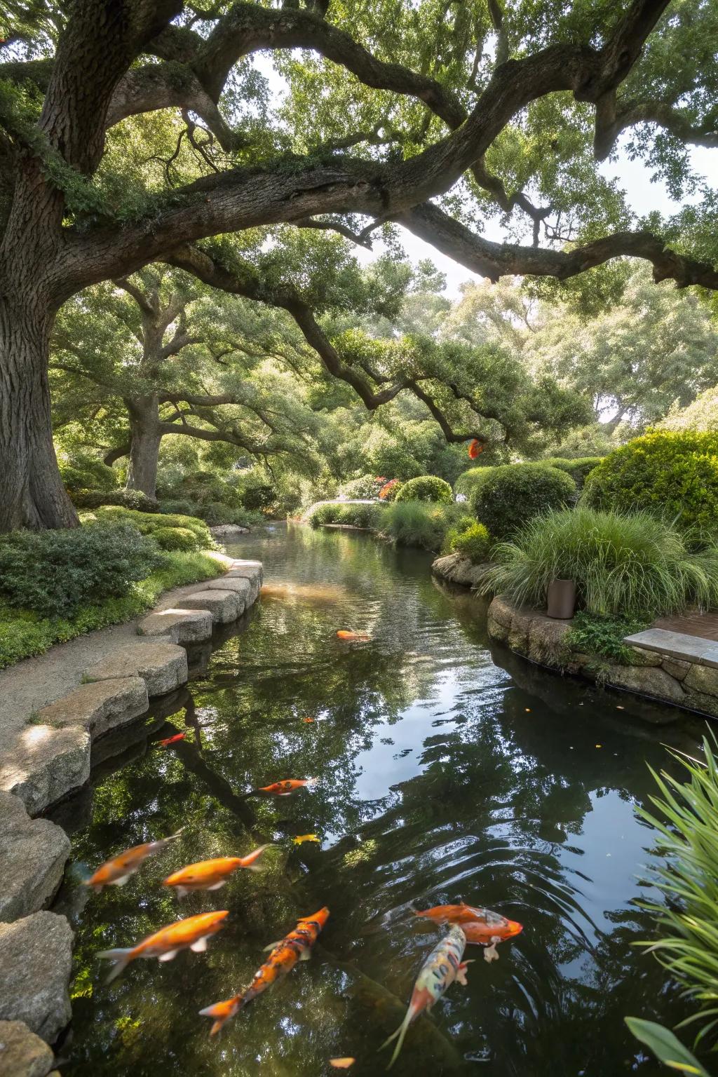 A koi pond nestled in the cool shadows of towering oak trees.