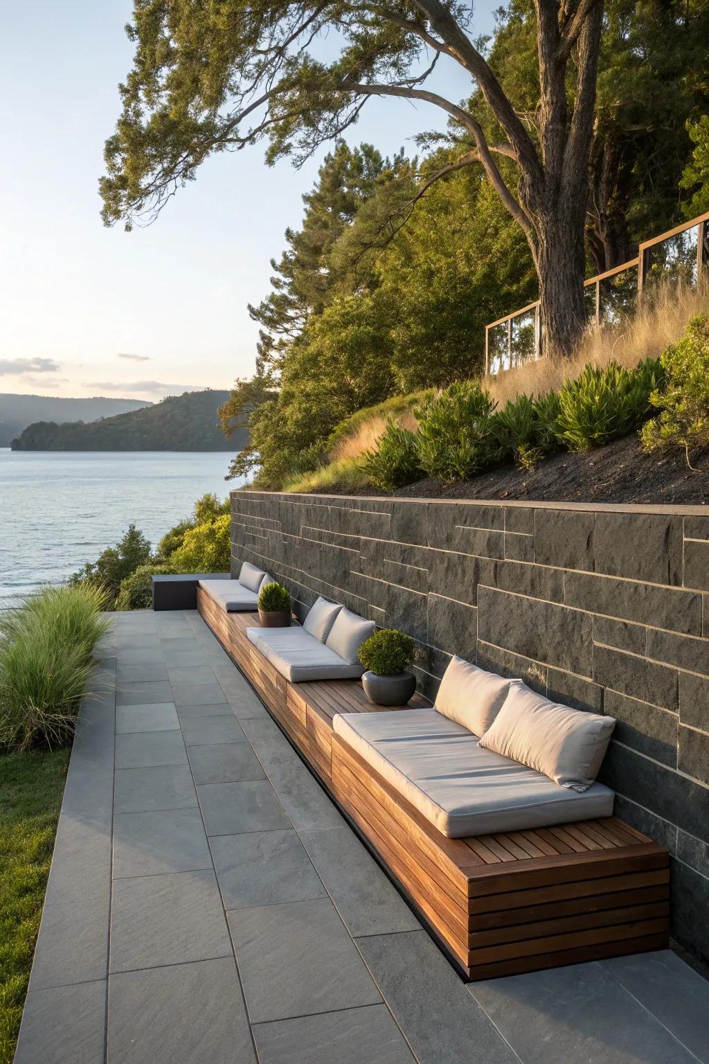 Transform your lakefront with a stylish retaining wall that offers the perfect spot for waterfront lounging.
