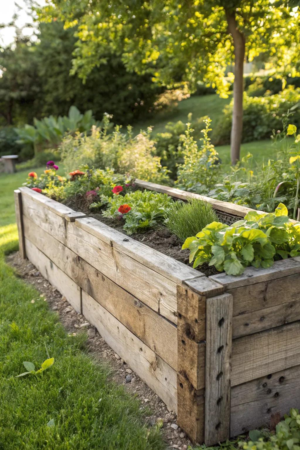 Elevate your garden aesthetics with rustic, reclaimed wood raised beds.