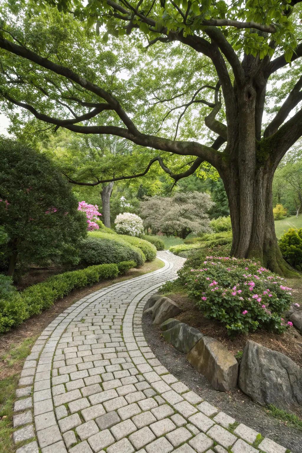 Pathway tiles offer an elegant, functional border surrounding trees.