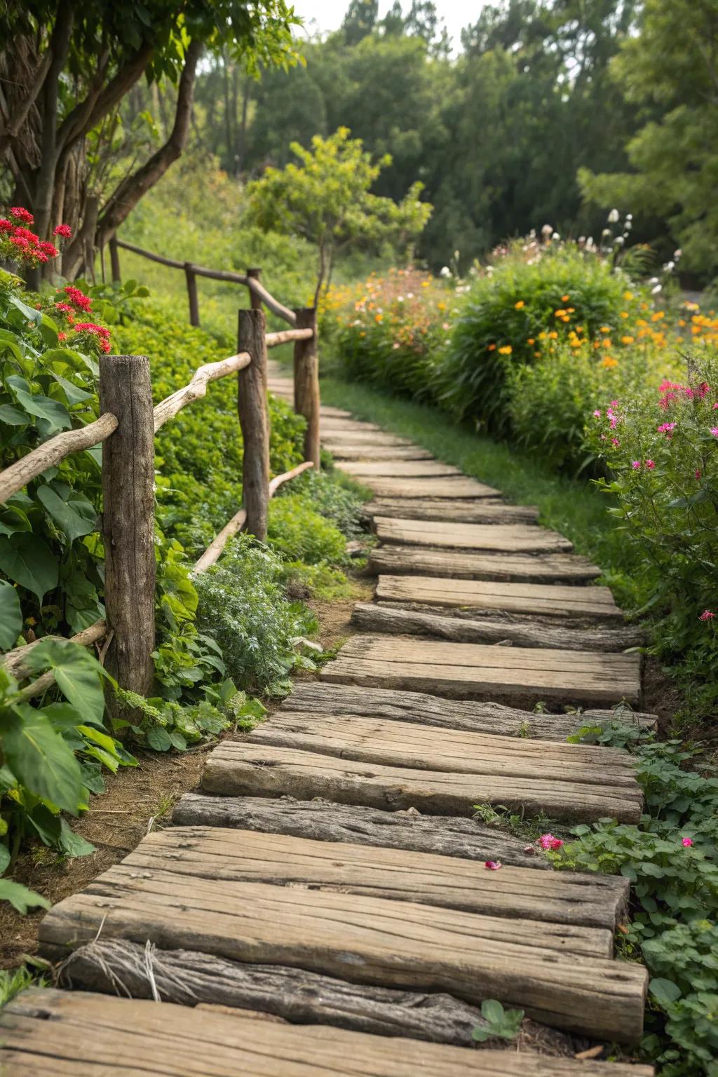 Escape into tranquility with a rustic timber pathway that effortlessly blends with nature.