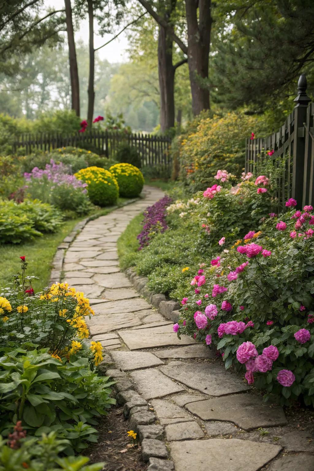 A garden bed with a charming stone pathway inviting exploration.
