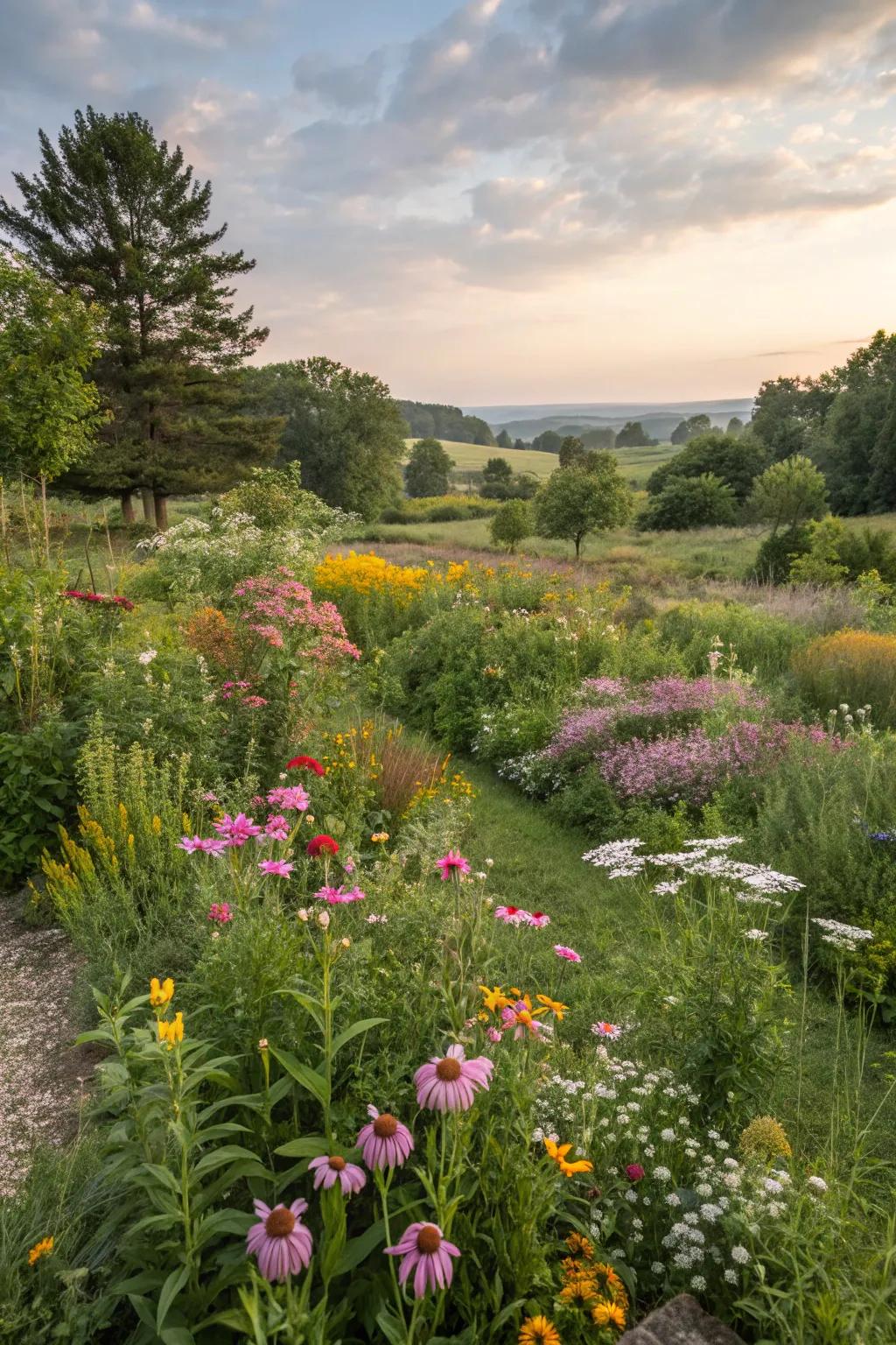 A garden filled with native plants and wildflowers, promoting local biodiversity.
