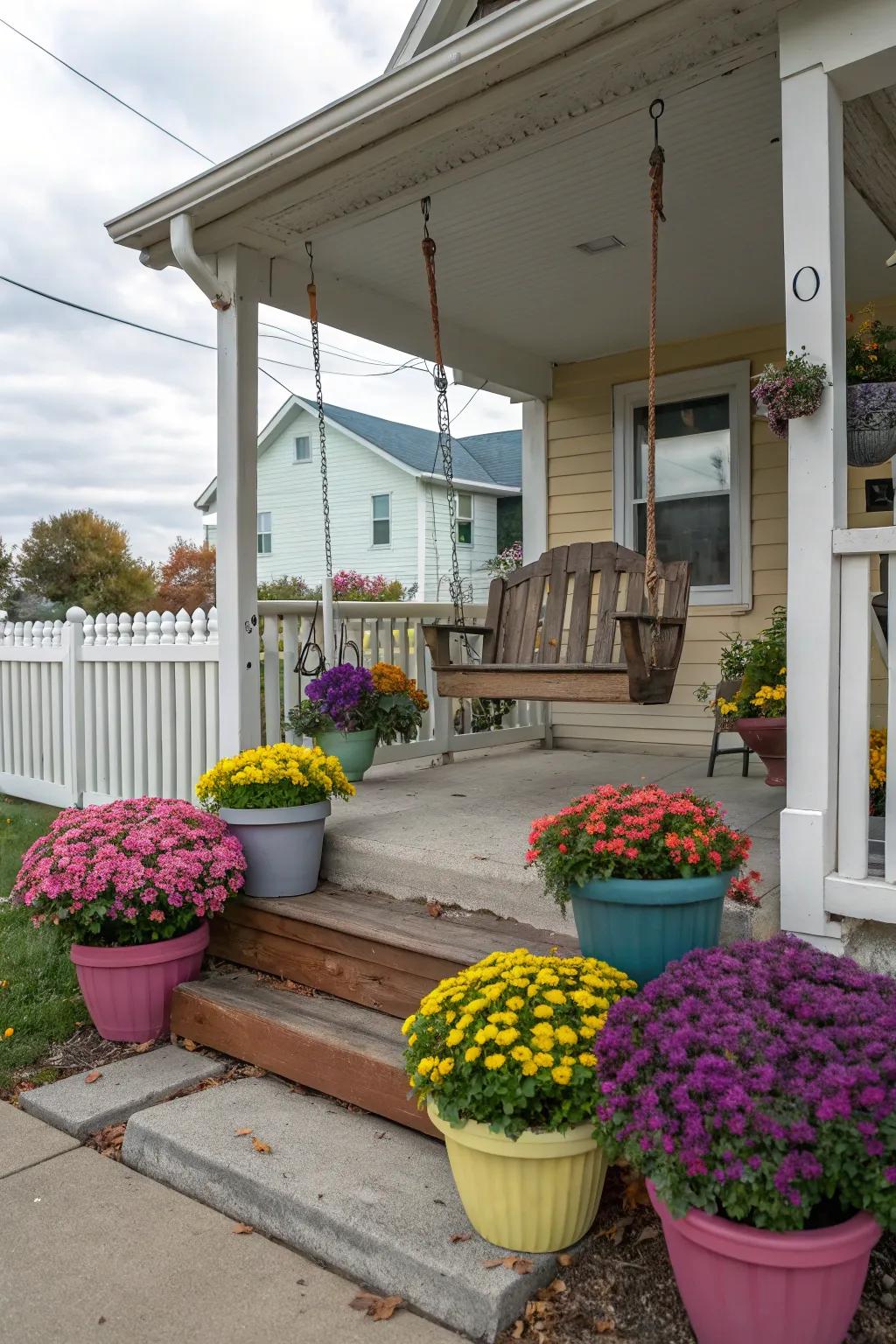 Planters on the porch extend a warm invitation with seasonally changing flowers.