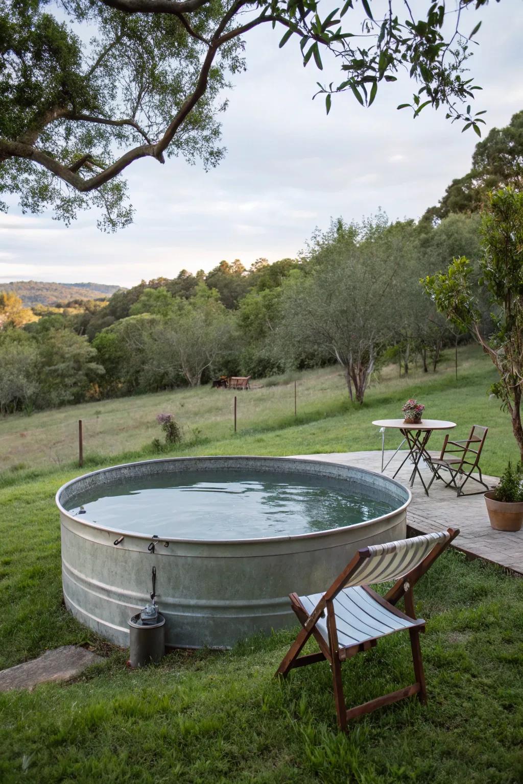 A stock tank pool offers a refreshing escape on hot days.