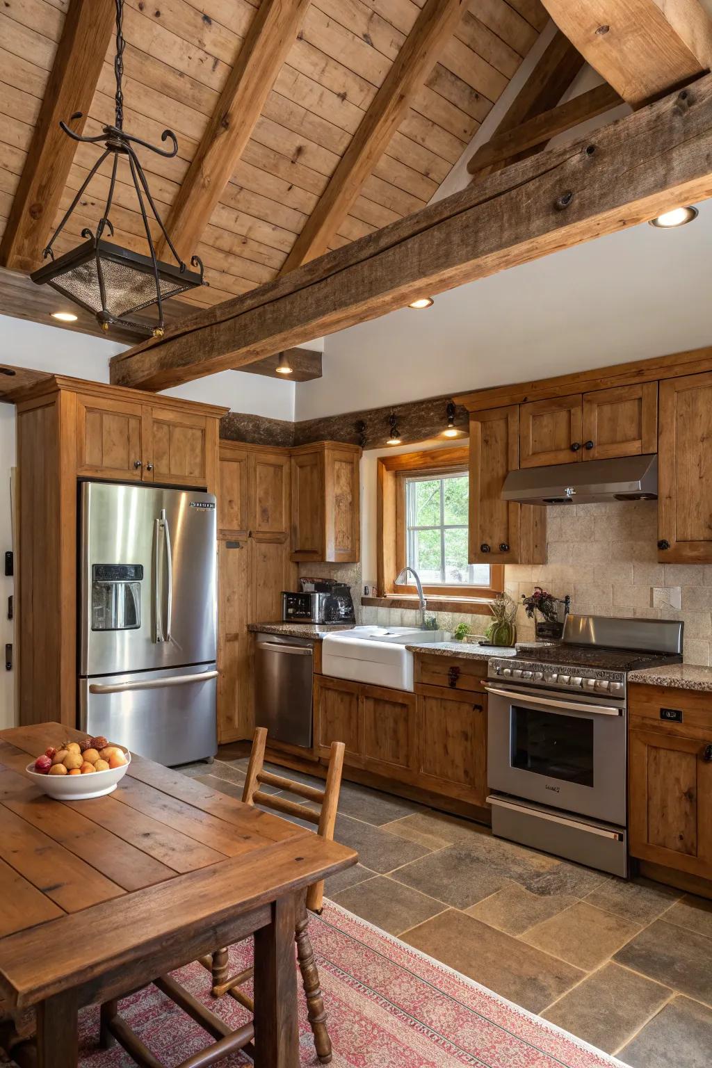 A country-style kitchen highlighted by modern polished steel features.