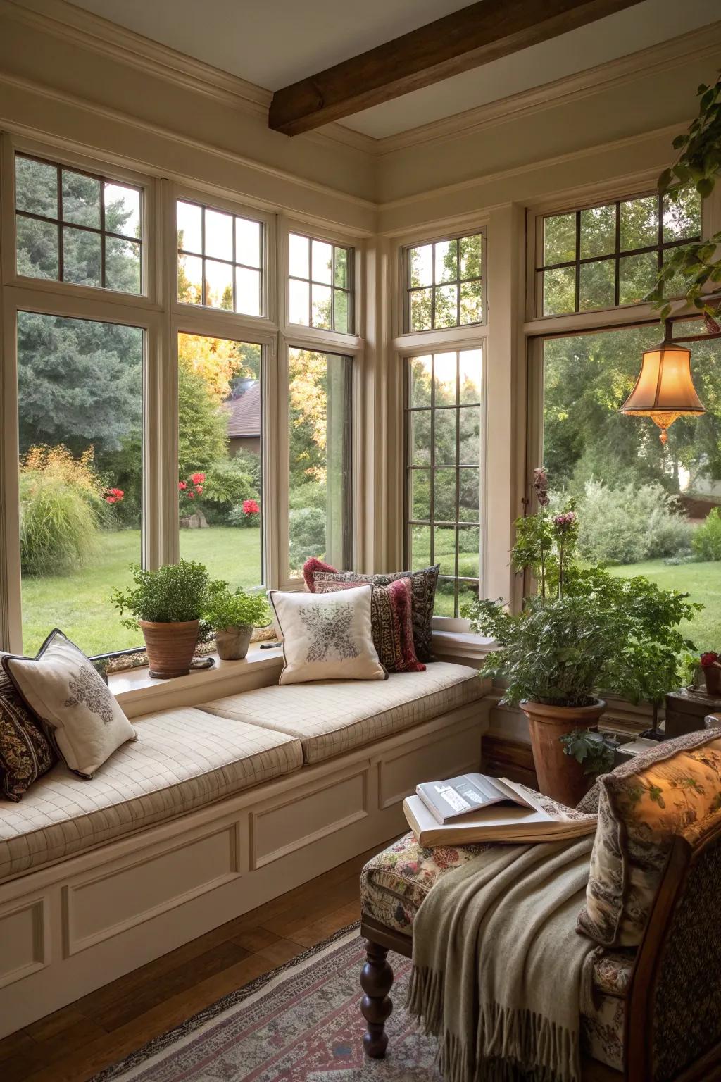 A comfortable window seat that invites you to relax and gaze at the garden.