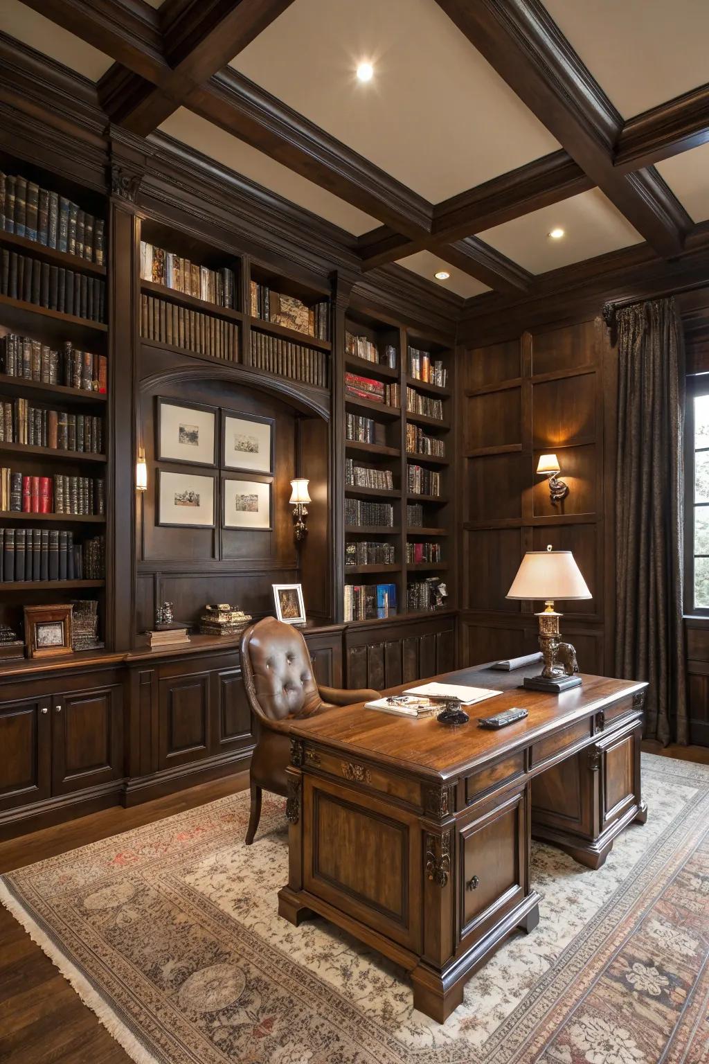 An elegant home library showcasing classic furniture and deep wood shades.
