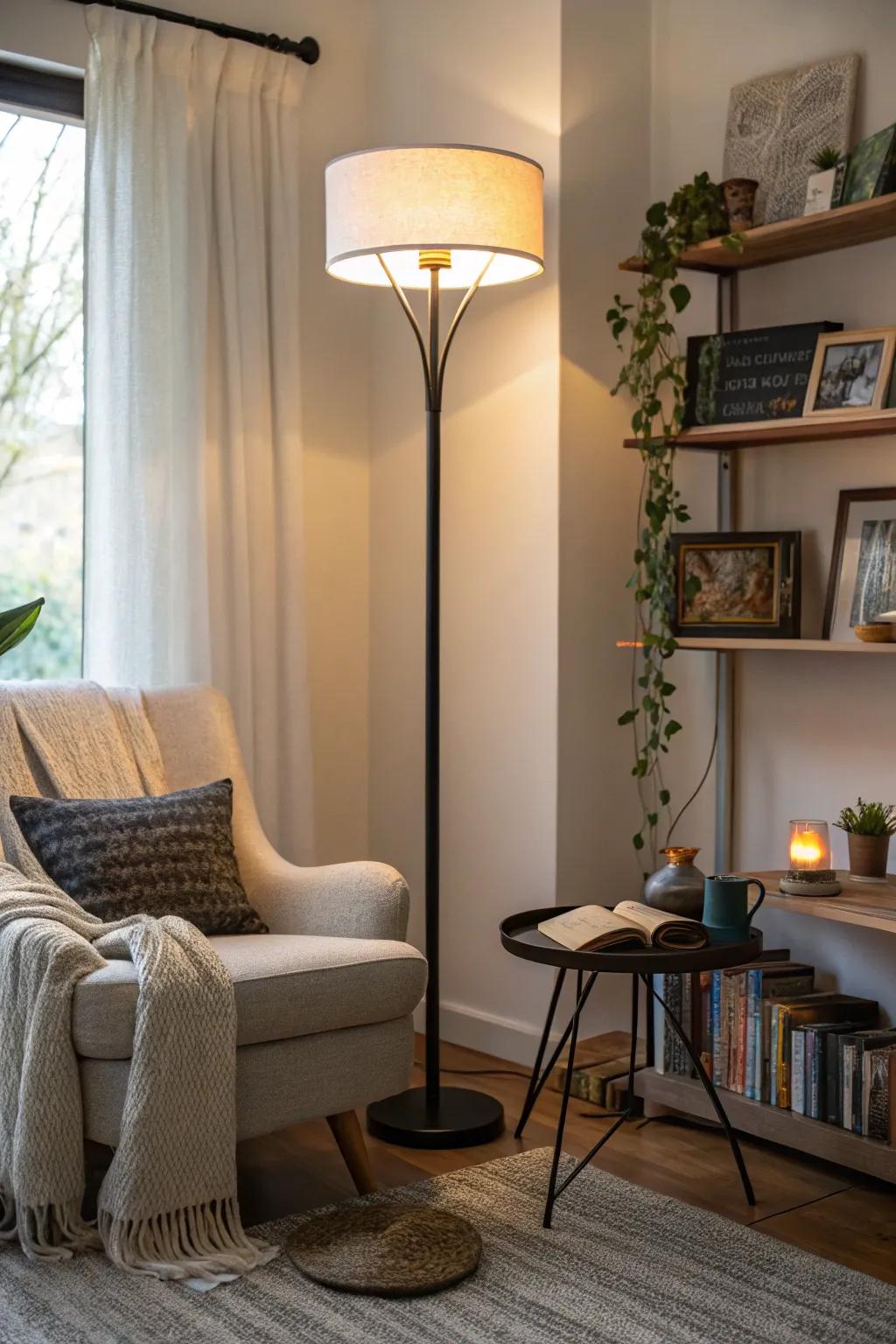 A floor lamp can serve as both a light source and a decorative element.