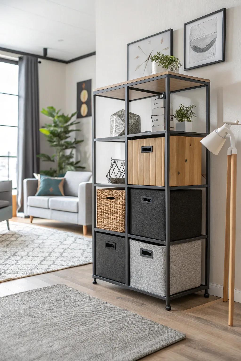 A medley of materials in modular shelving enriches the room with added depth and character.