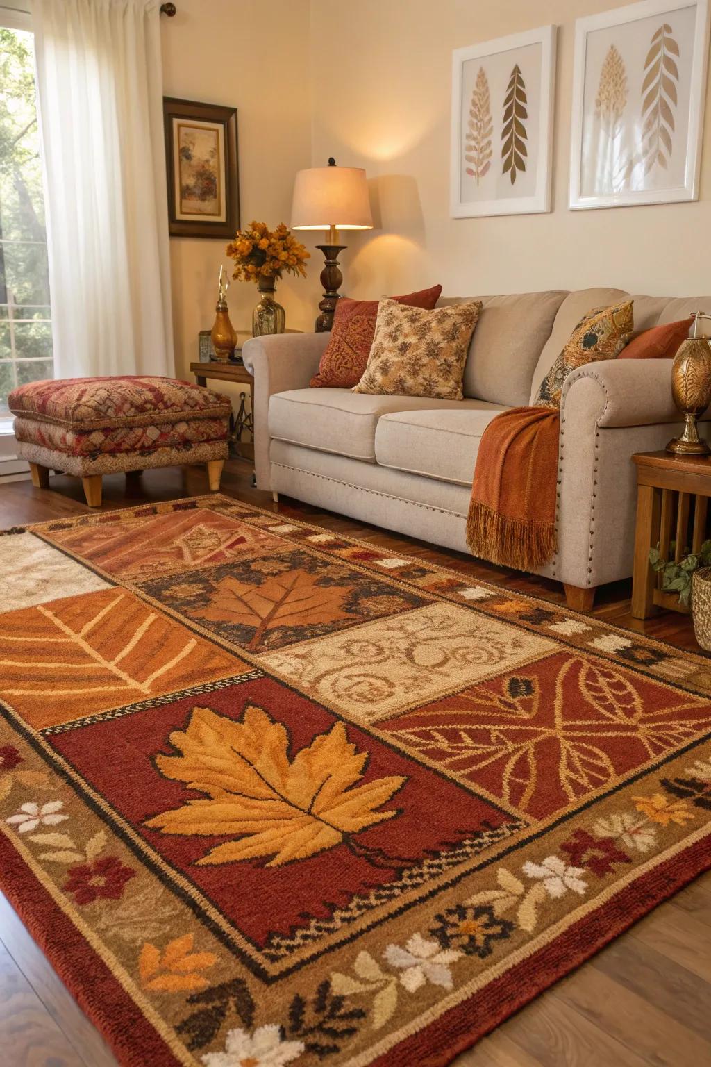 Texture and warmth are brought to this fall-themed living room by layered rugs.