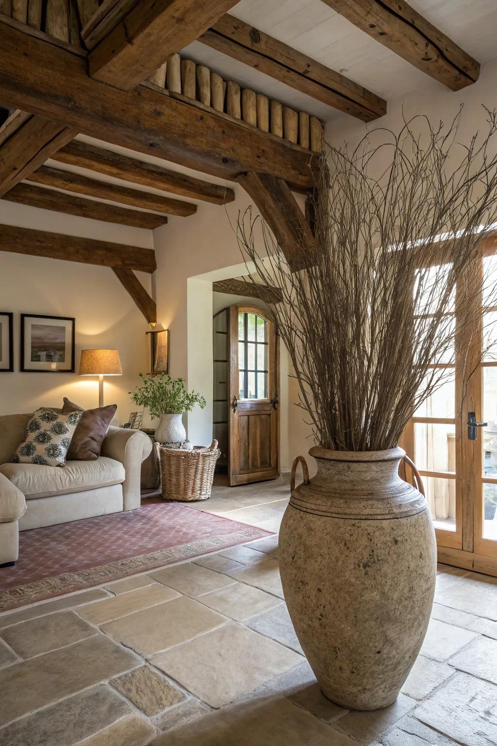 Countryside features like branches and plant fibers enhance the smooth surface of a clay vessel.