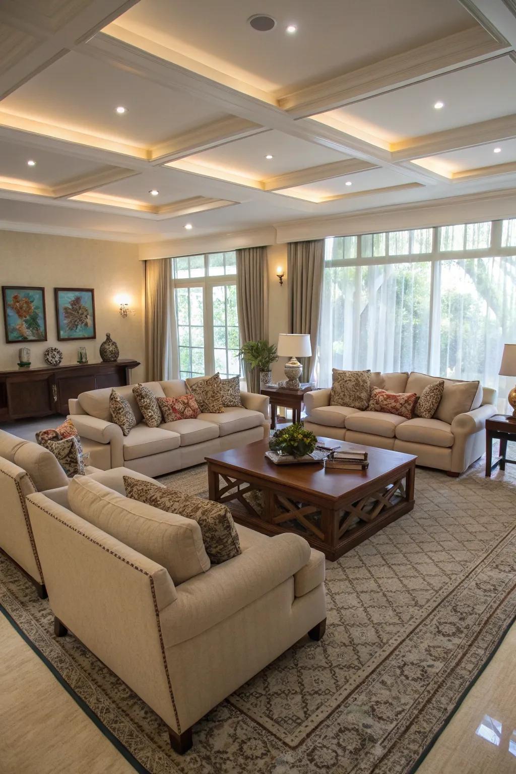 An expansive living room showcasing a U-shaped seating layout ideal for social engagements.