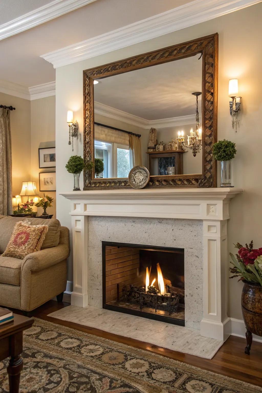 A mirror positioned above the mantel adds allure and emphasizes your fireplace.