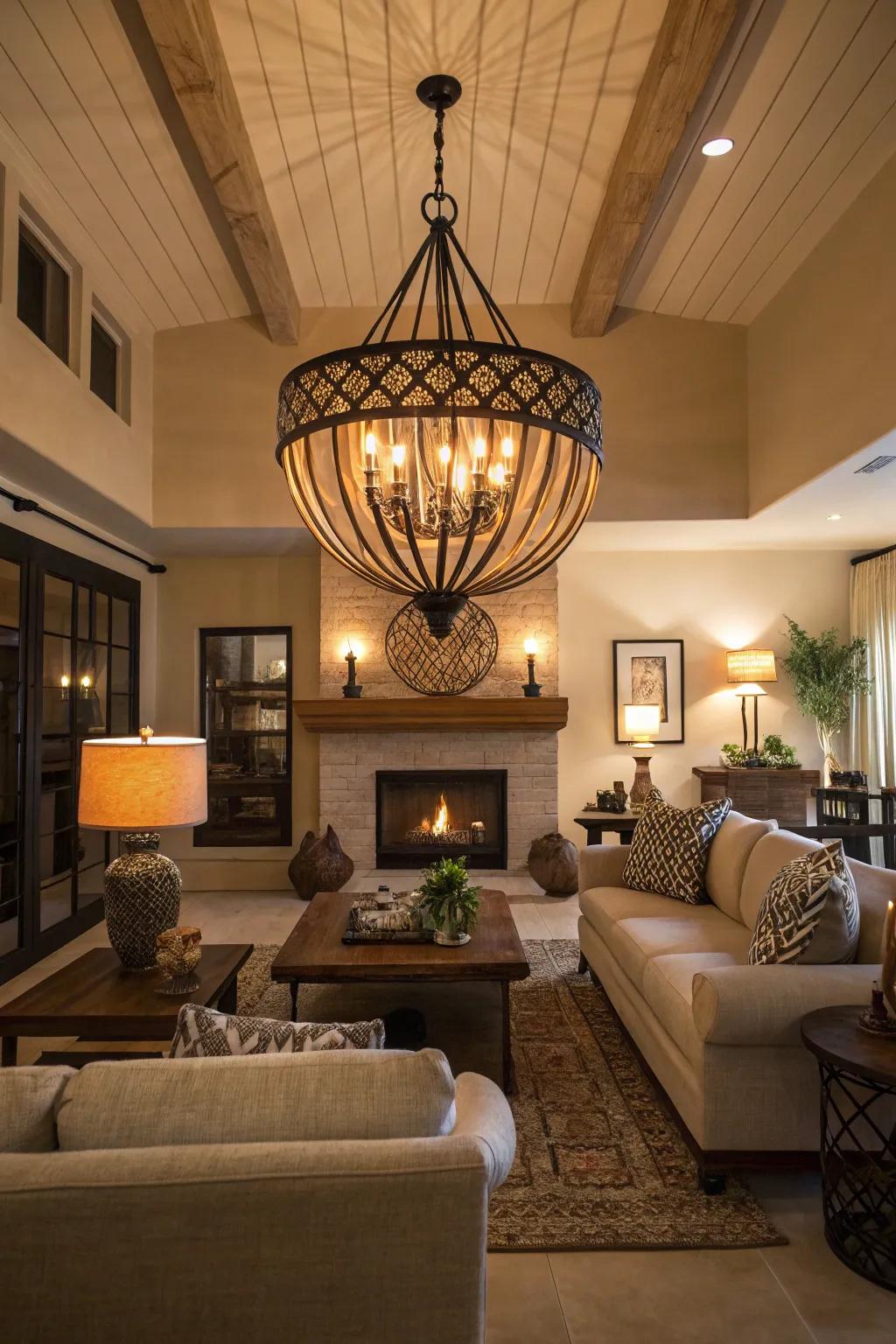 Statement lighting adds drama and focus to your living room photos.