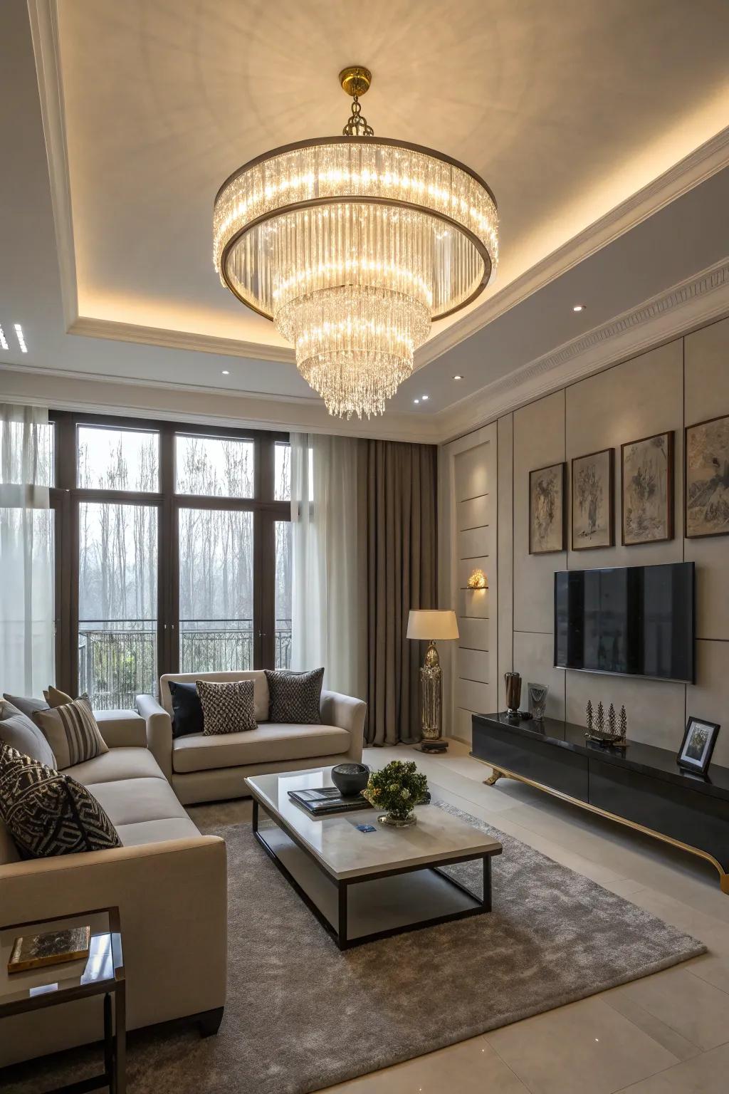 An elegant chandelier lighting up a modern living room.