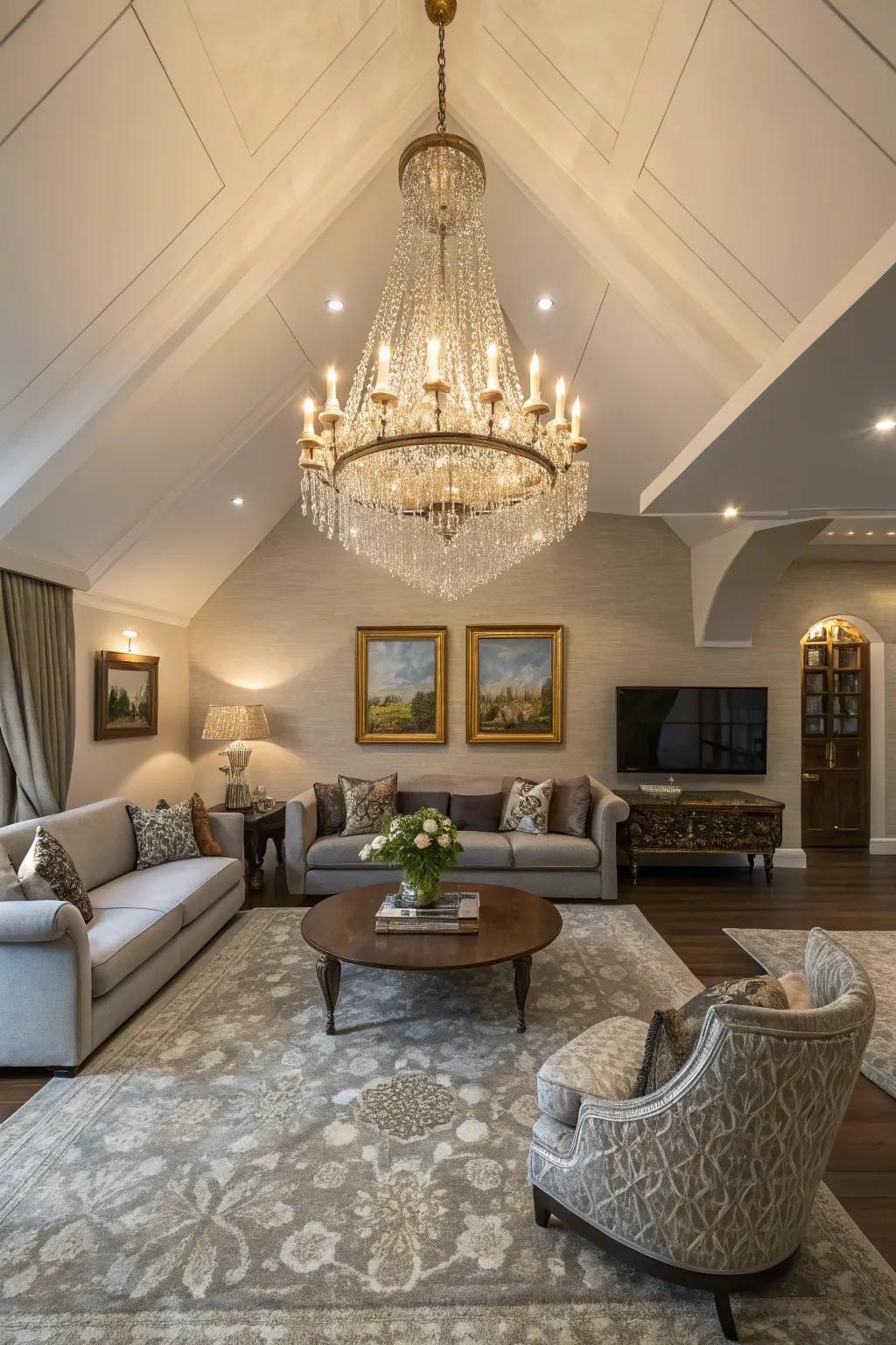 A statement chandelier adds luxury to a vaulted ceiling.