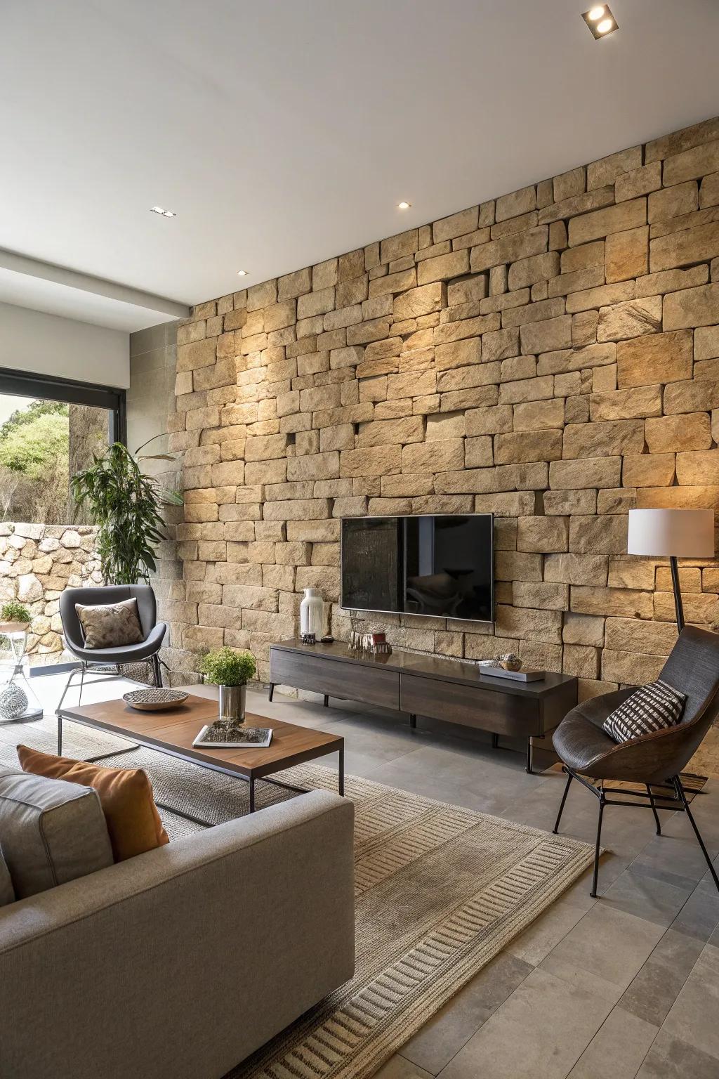 Natural stone panels infuse your living room with organic elegance.