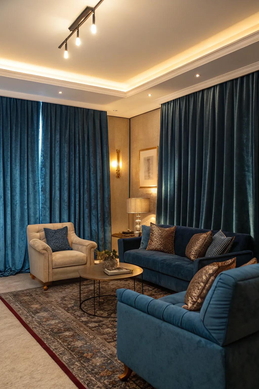 Sumptuous materials like 丝绒boost the elegance of sky-tinted drapes within this sophisticated living area.