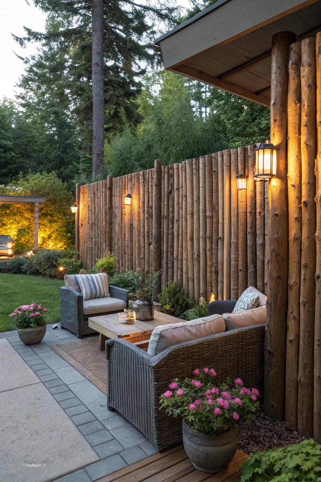Create a secluded oasis with a log privacy wall.