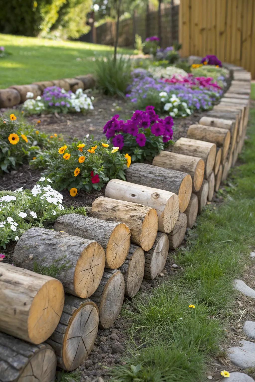 Transform your garden with rustic log borders for a stunning natural contrast.