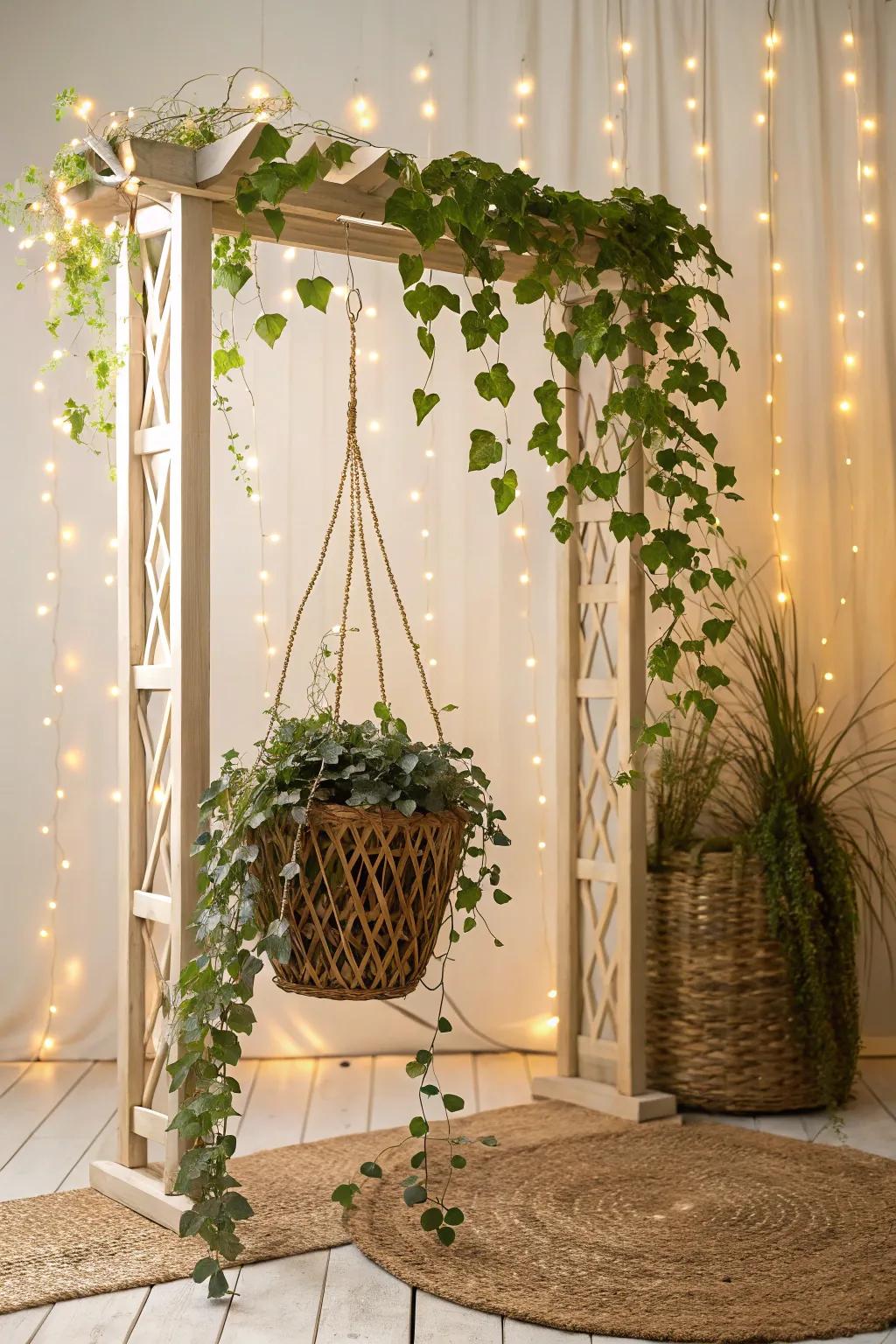 Elevate your garden with a touch of boho elegance: a loofah trellis that sparkles with fairy lights!