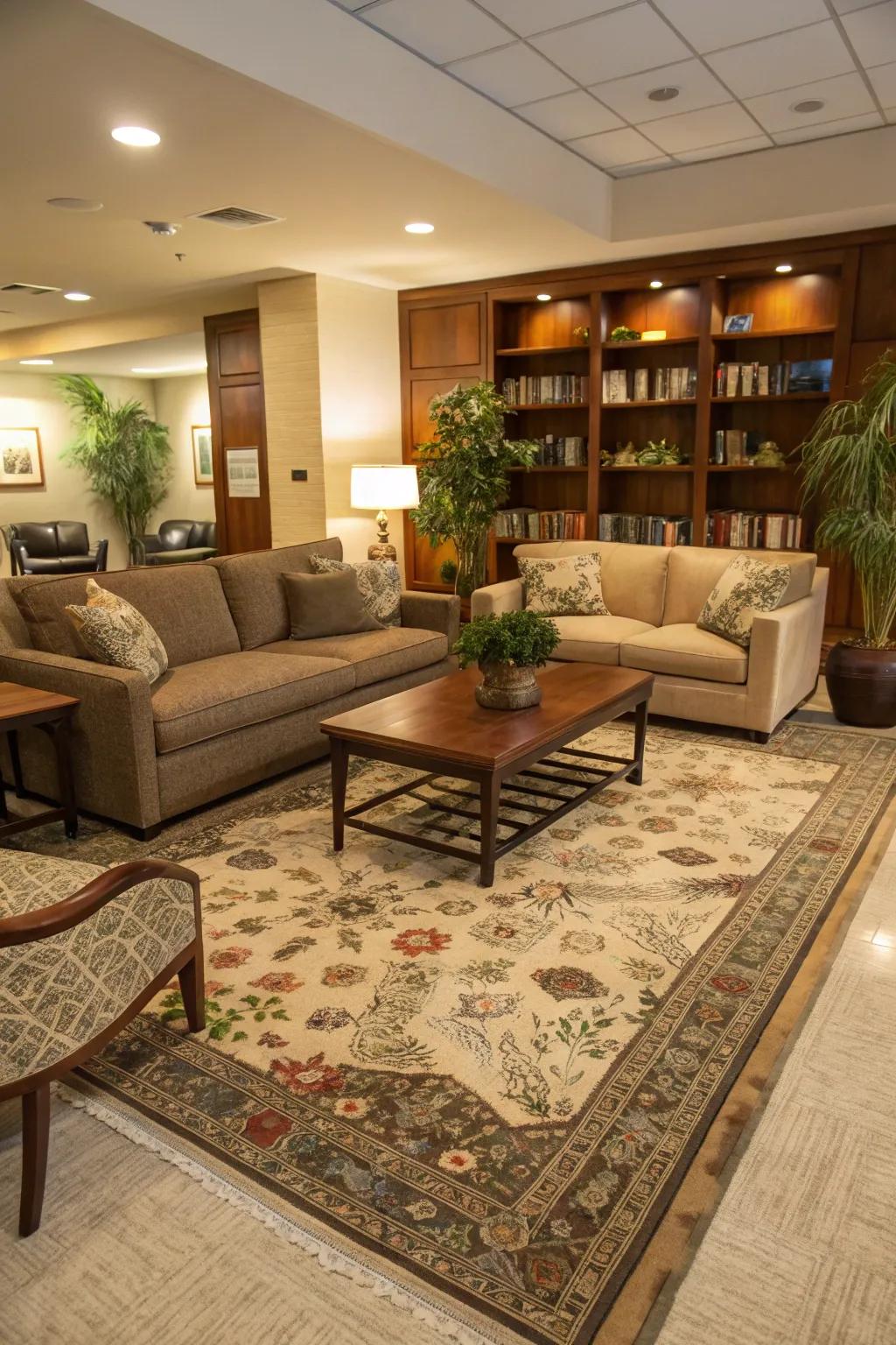 Floor coverings define and ground the sitting spaces masterfully.