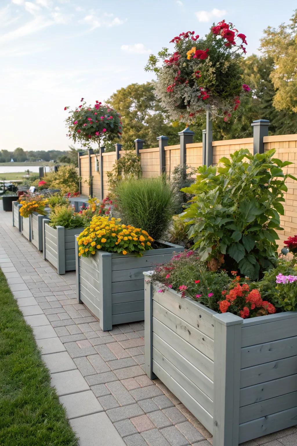 Attain privacy and beauty through the strategic placement of tall planter boxes.
