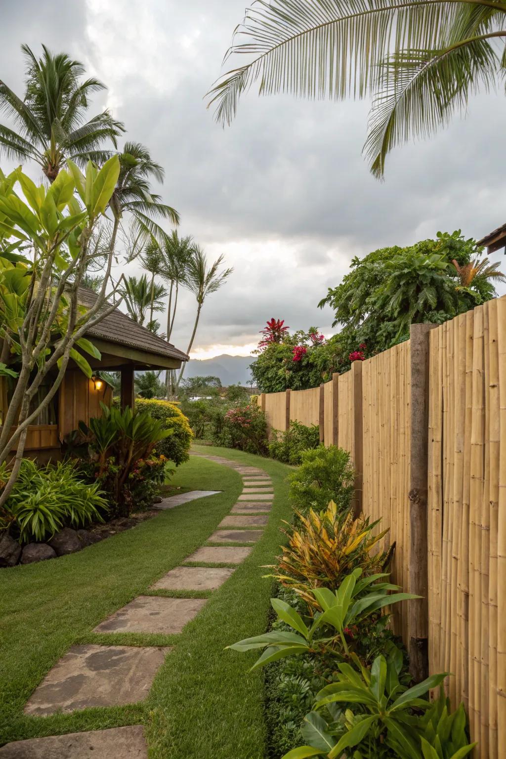 An eco-friendly cane fence elevates the tropical atmosphere of this front garden.
