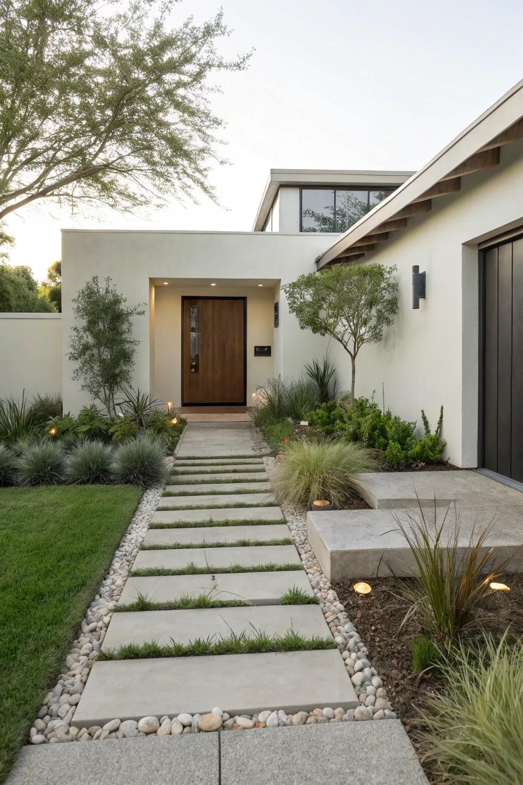 A minimalist front yard with clean lines and thoughtful plant placement.