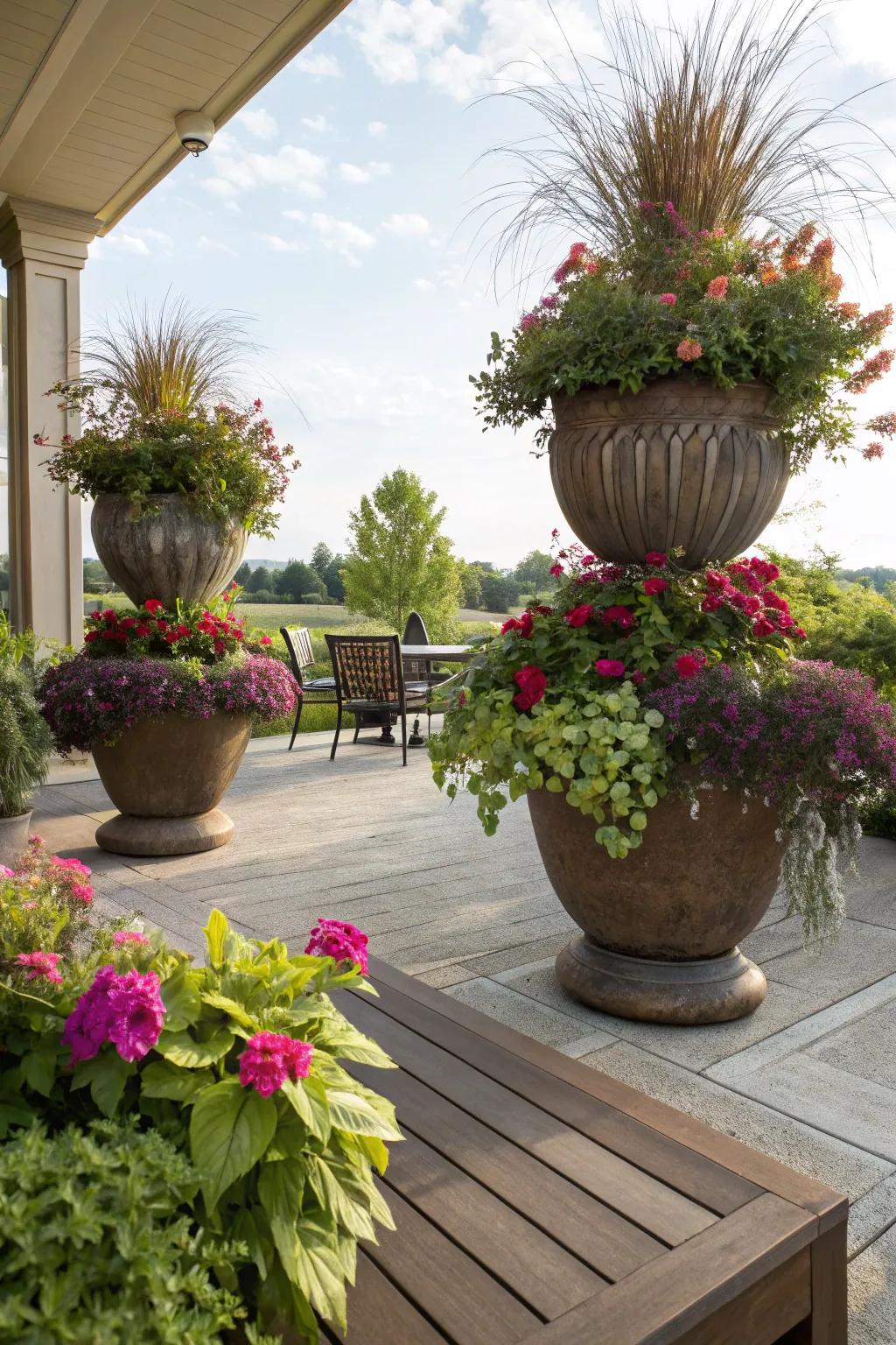 Large pots on a patio add color and require minimal maintenance.