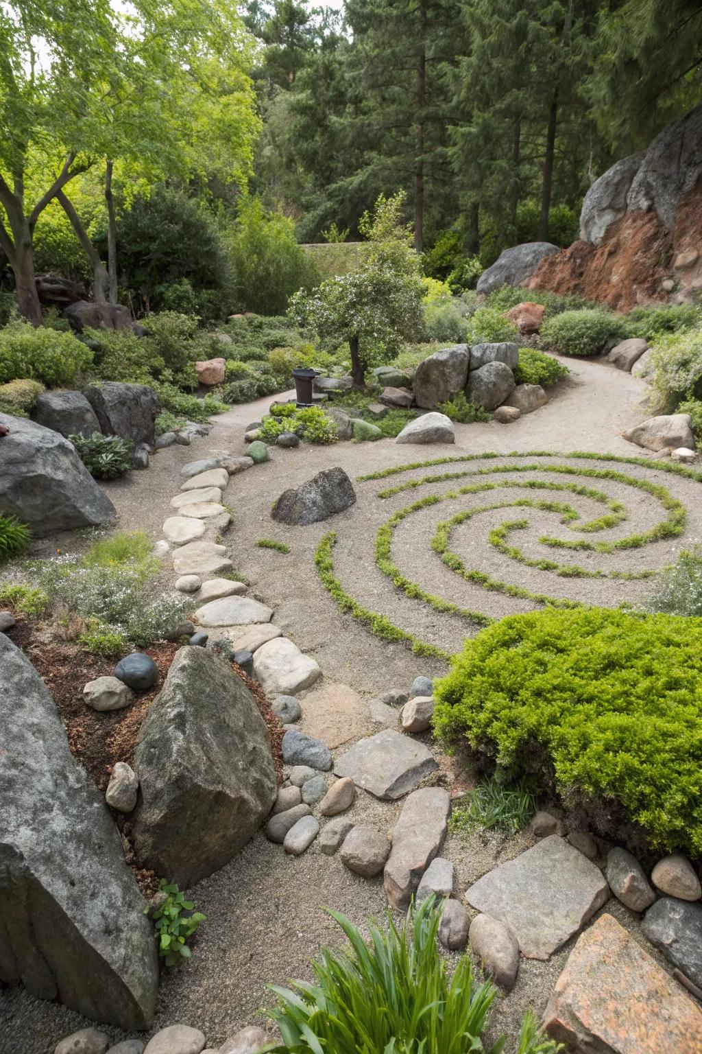 An inventive coiled arrangement in a compact rock garden.