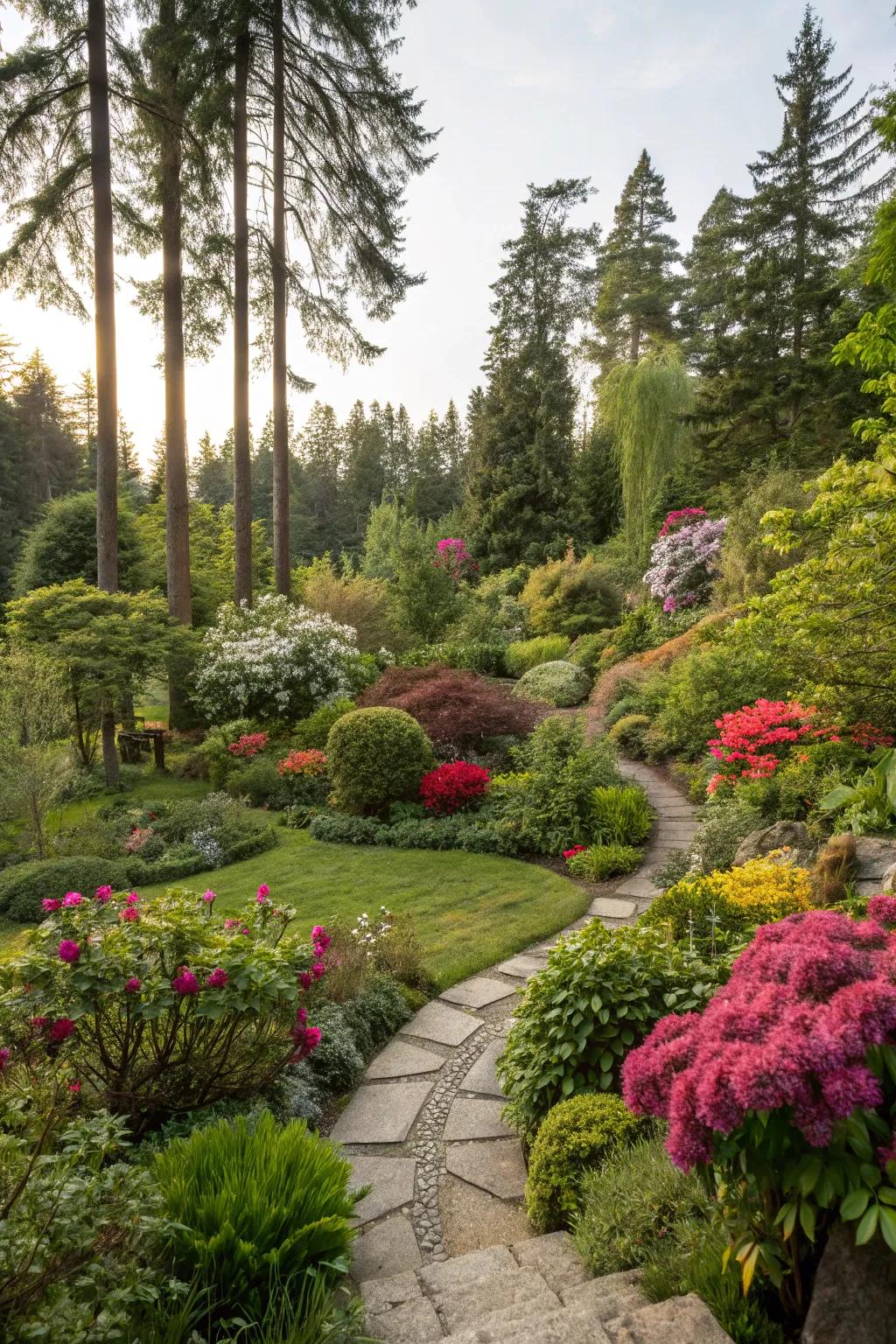 A lush garden with a mix of native and exotic plants.