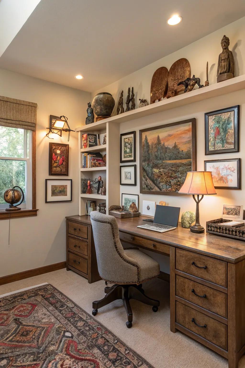 A personalized home office showcasing art and decor.