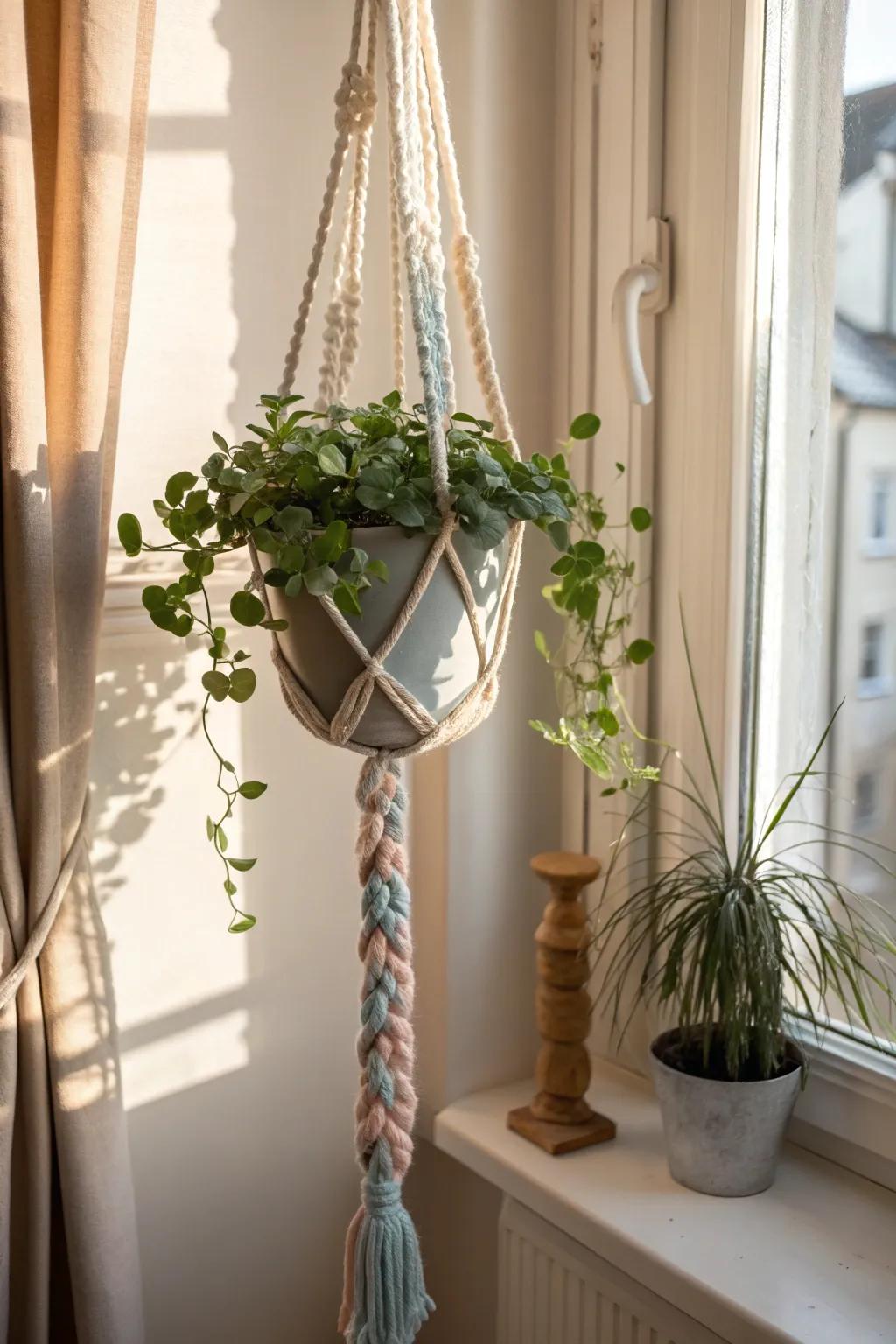 Upcycle with style: Turn your favorite old tees into a chic macrame plant hanger, bringing boho elegance to any space. 🌿🌸 #MacrameMagic