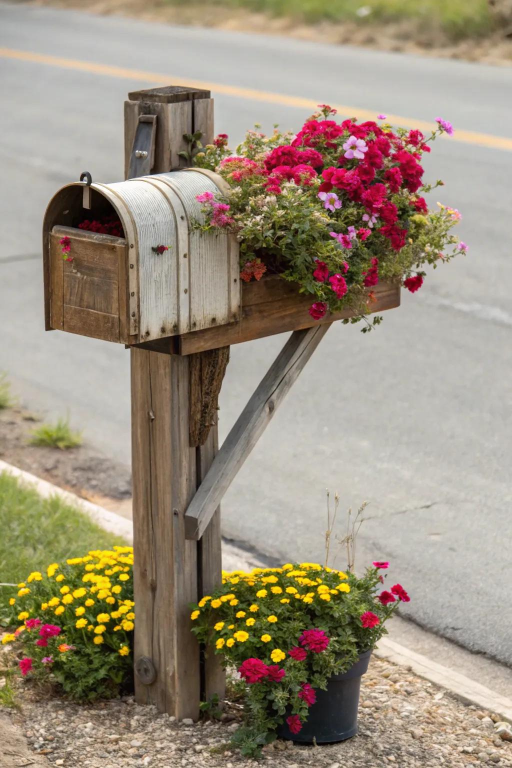 Wooden components append warmth and an organic sensation to mailbox planters.